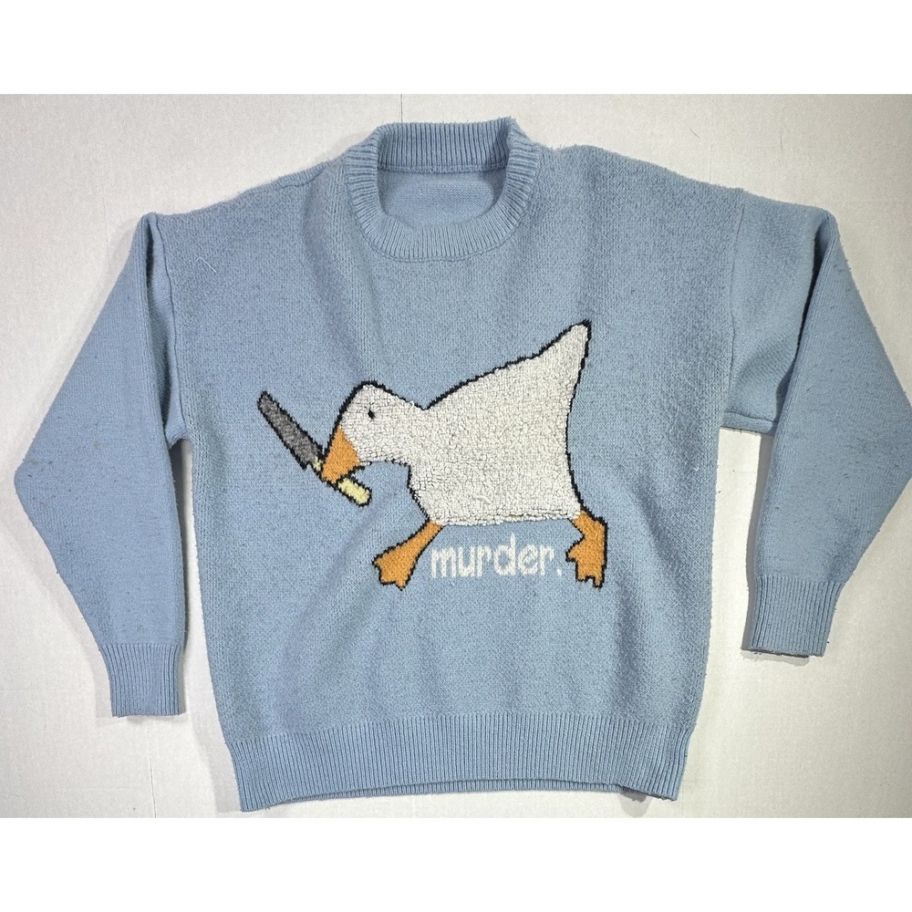 Aelfric Eden Goose "Murder" Sweater Blue Knit Crewneck Unisex Funny Meme